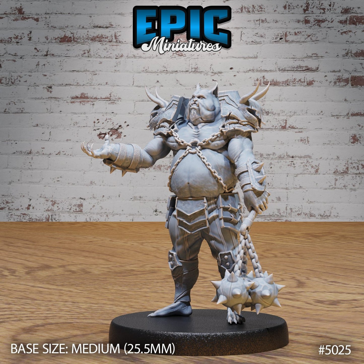 Pig Demon Officer wielding a flail with twin spiked spheres, looking as though he's pondering whether he’s ready for a bacon breakfast or battle, medium base (25.5mm).