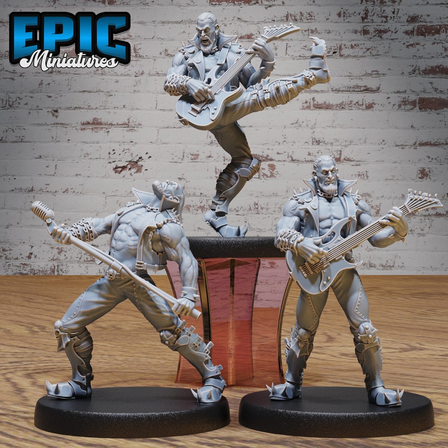 Trio of Hell Metal Bard miniatures in rockstar poses, with guitars and microphone, bringing heavy metal energy to the fantasy battlefield.