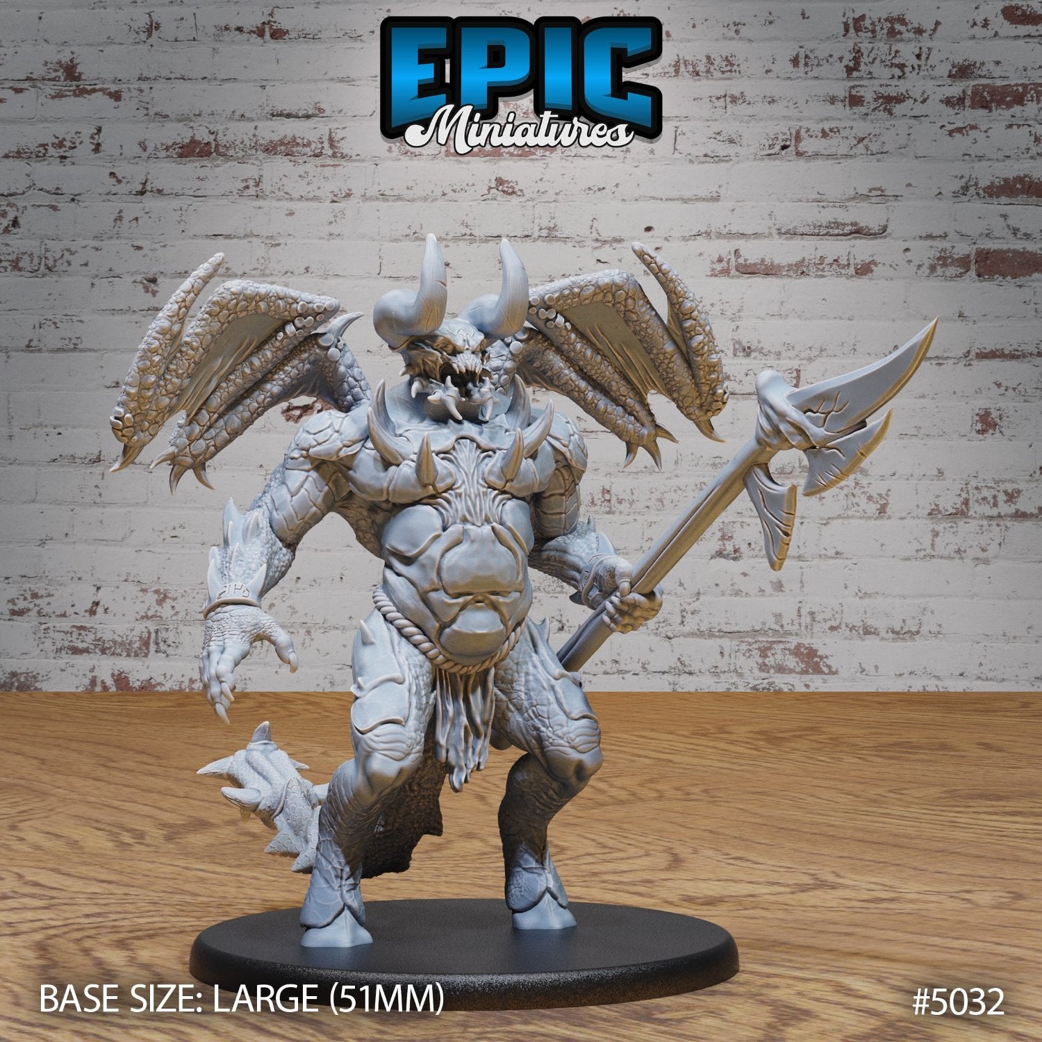 Wrath Devil miniature wielding a massive axe, standing in a powerful pose, wings spread wide and horns curled menacingly, ideal for dark fantasy TTRPGs.