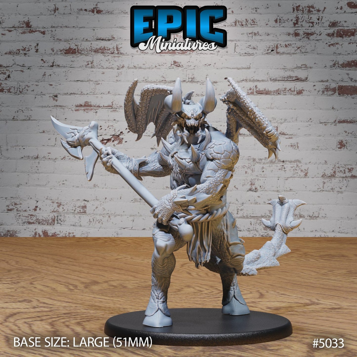 Wrath Devil miniature striking a victory pose, holding an axe overhead in triumph, horns and wings on full display, suited for dark-themed TTRPG encounters.