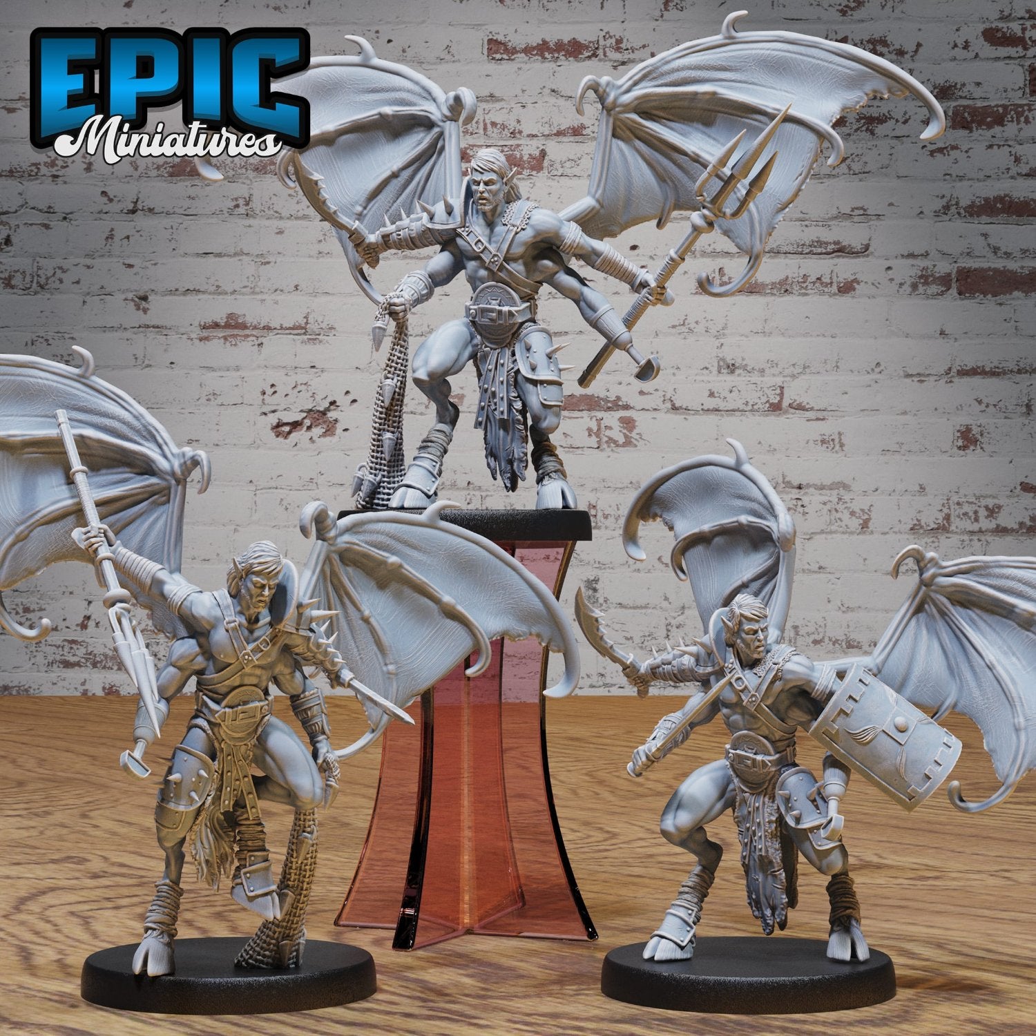 A dynamic trio of Pit Fighter Devils, featuring fierce poses with a variety of weapons like shield, trident, and net, ready for gladiatorial combat in any fantasy RPG setting.