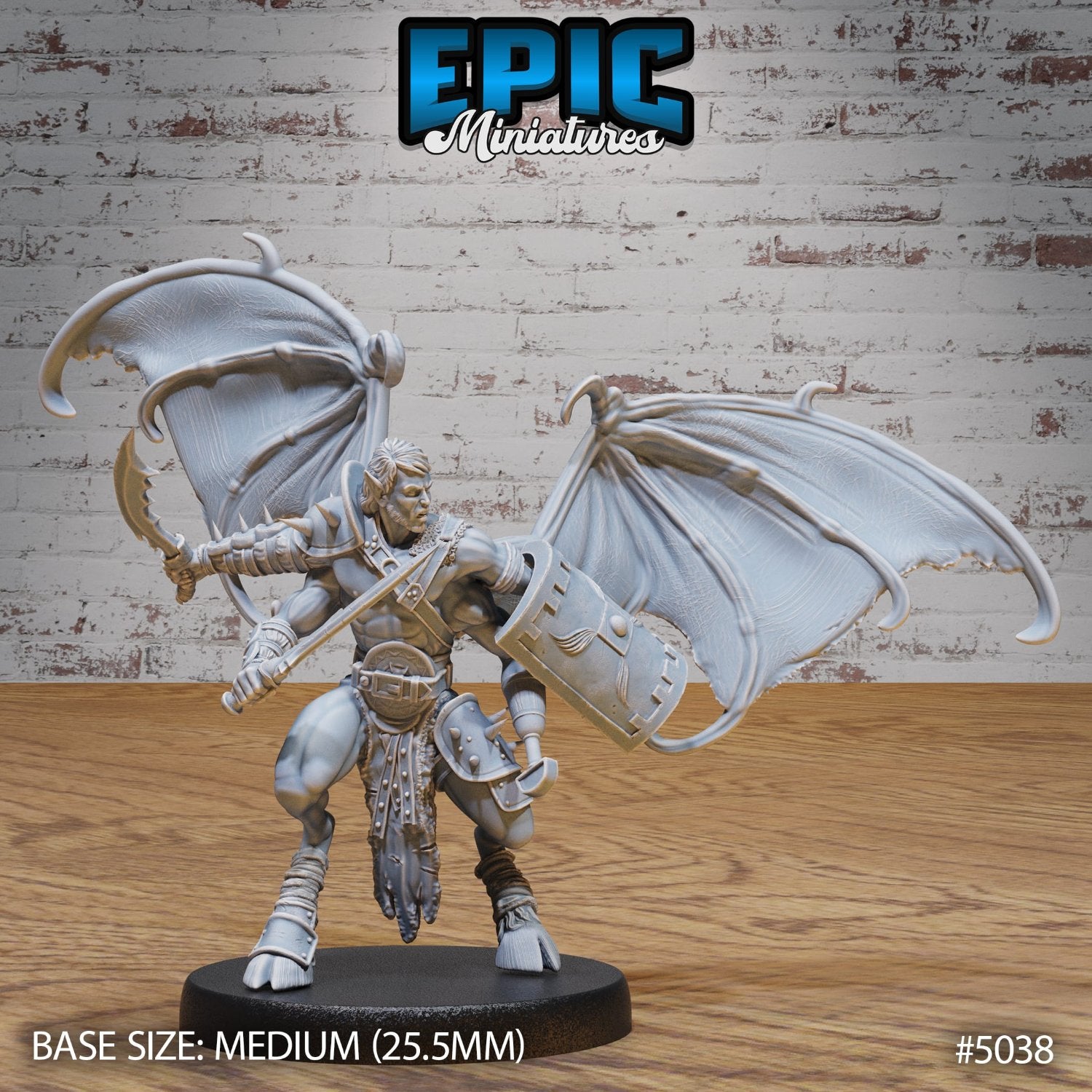 A fierce Pit Fighter Devil miniature, standing ready with shield and curved blade, wings spread wide as if to taunt opponents. Perfect for D&D and Pathfinder battles.