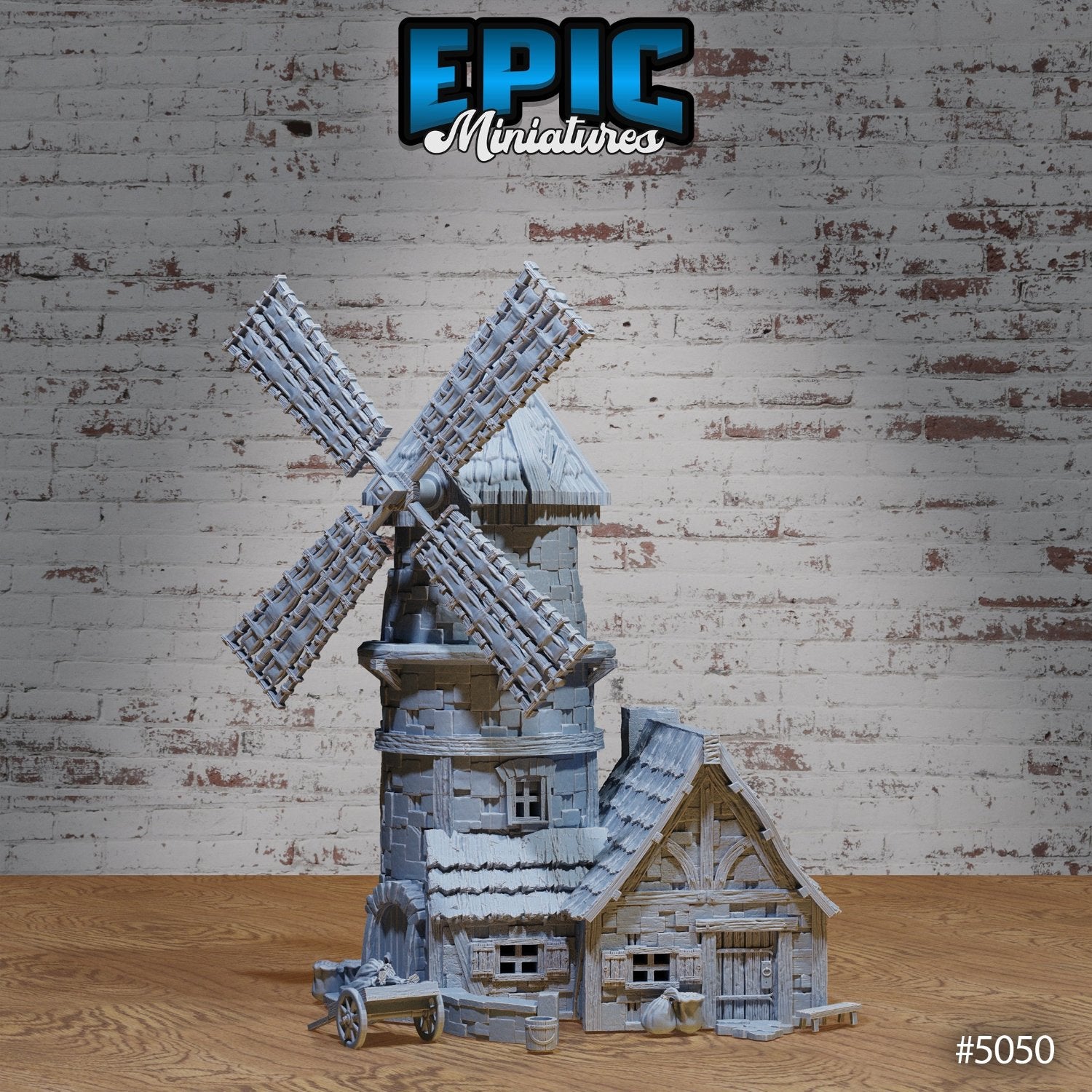 Front view of a tabletop windmill building prop, featuring stone and wood textures with detailed blades. The windmill is ideal for use in TTRPG village settings.