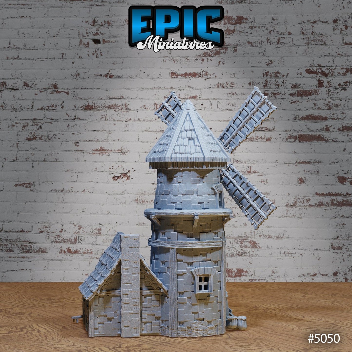 Side view of the tabletop windmill, showing the attached structure and cart. The windmill adds a rustic charm to village campaigns in TTRPGs.