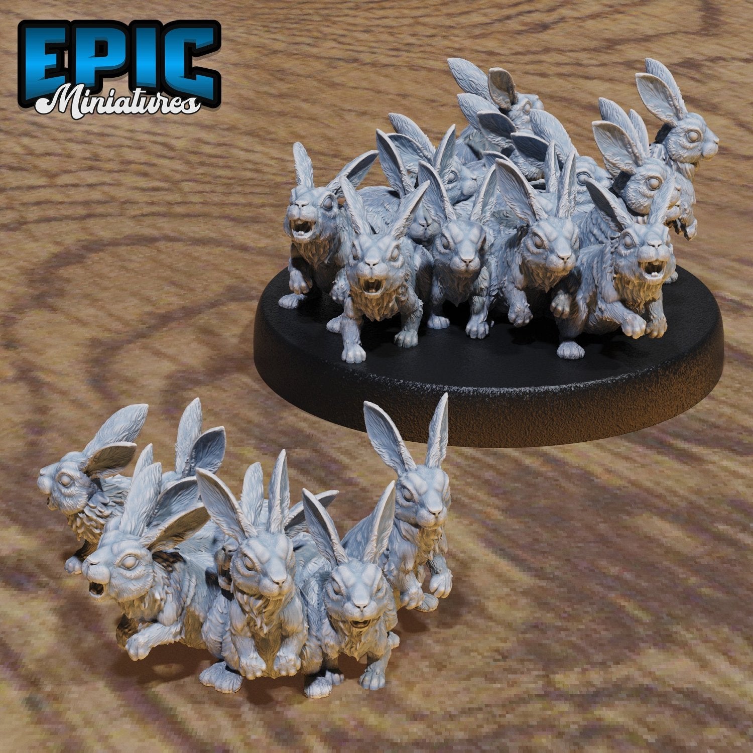 Collage of Rabbit Swarm miniatures, both small and large versions. Perfect for adding a horde of hare-raising hilarity to your tabletop RPG campaigns. Who knew bunnies could be this 'buntastic'?