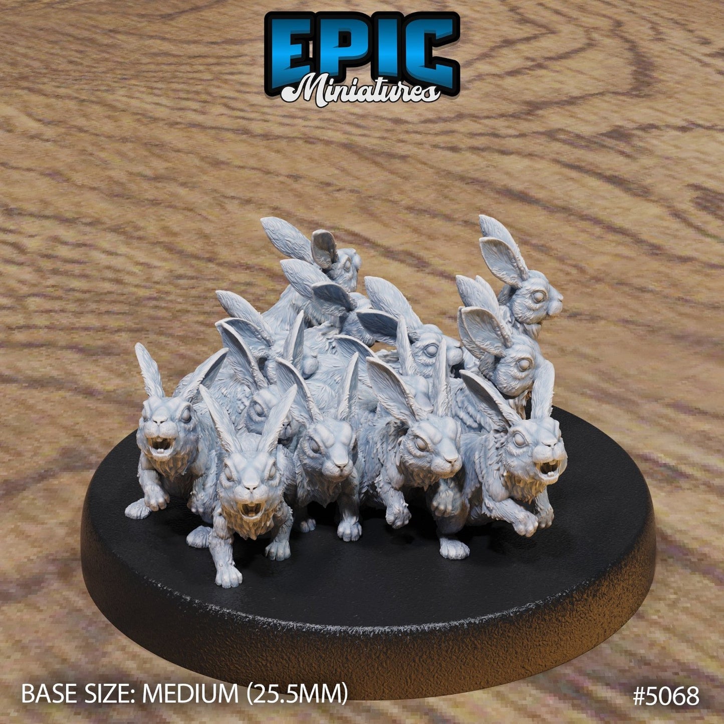 Large Rabbit Swarm miniature on a medium-sized base, featuring a rowdy gang of aggressive-looking rabbits. Ideal for fantasy TTRPGs—because nothing says danger quite like an angry mob of bunnies. Let the fur fly!