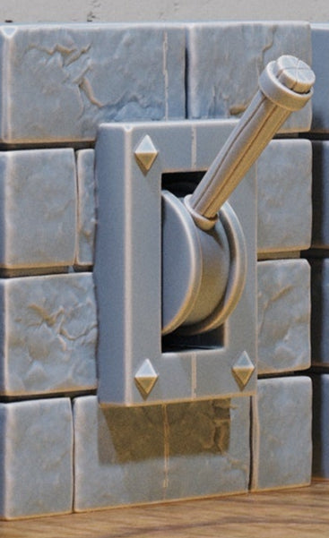 Item 2 (center left): Angled wall-mounted dungeon lever with stone mount for fantasy RPG terrain
