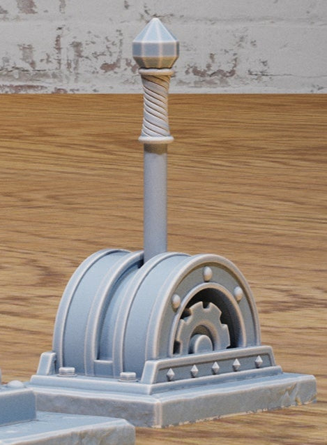 Item 5 (far right back): Free-standing dungeon lever with tall rounded frame for use in Warhammer or Dungeons & Dragons terrain