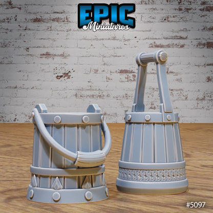 Set of fantasy dungeon buckets used as props or scatter terrain for Dungeons & Dragons, Pathfinder, or Warhammer campaigns