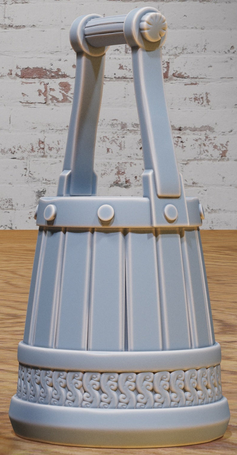 Wooden-style fantasy dungeon bucket with curved handle and reinforced metal bands for tabletop RPG terrain