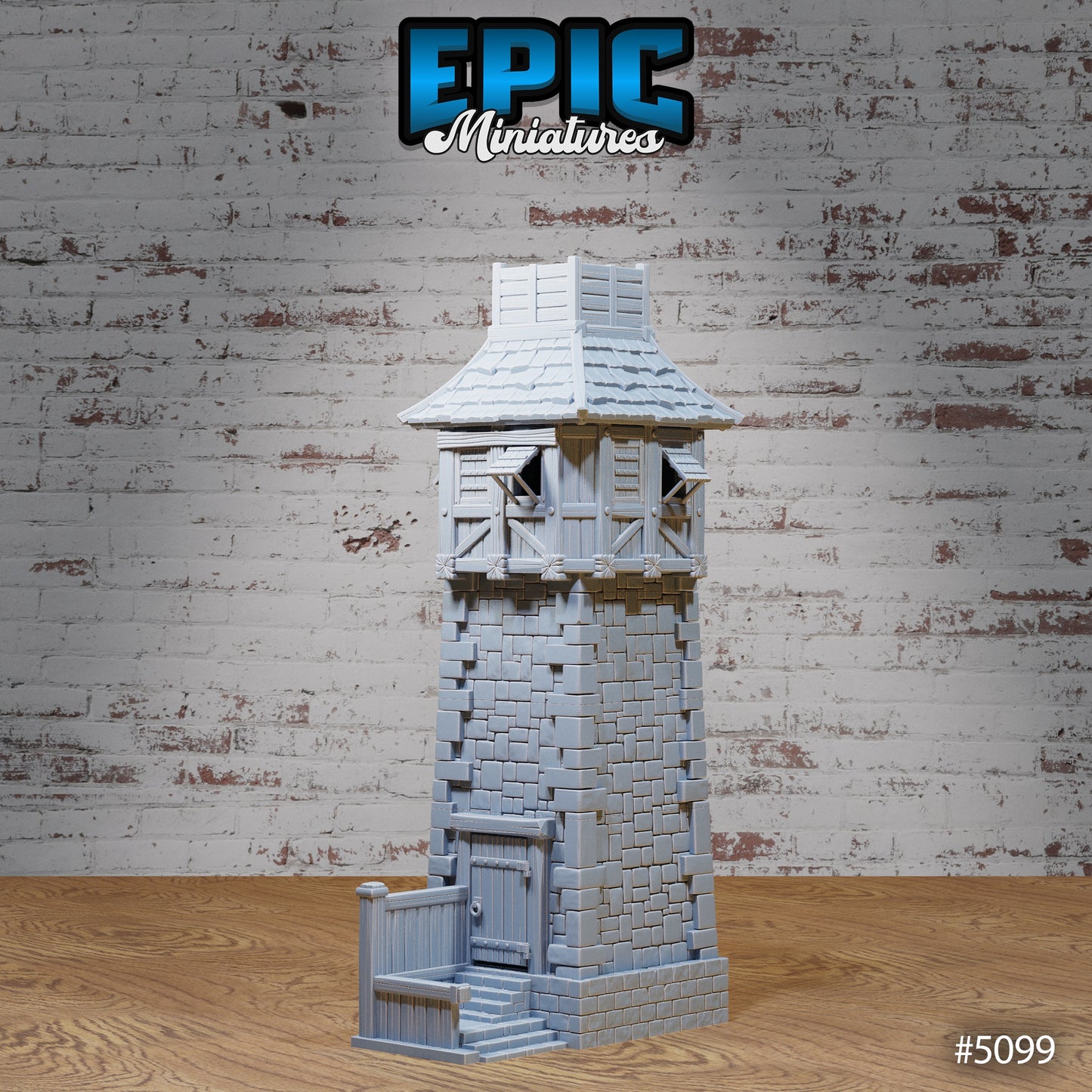 Stone prison watch tower miniature with brick blockwork, heavy door, and rooftop battlements; 3D‑printed tabletop terrain by Epic Miniatures.
