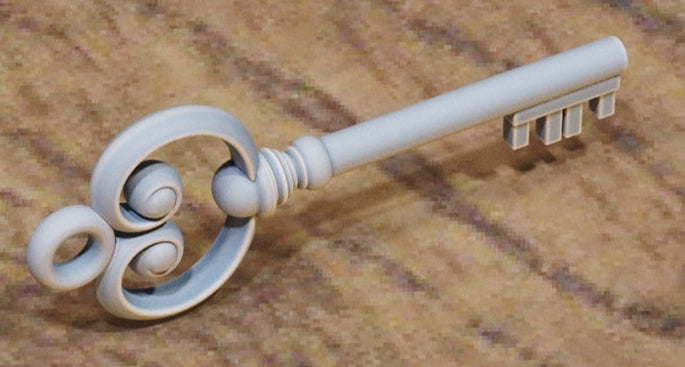 Key with round bow and three inner loops, slim stem.