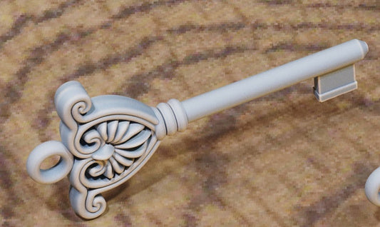 Ornate key with curled trefoil bow and smooth shaft.