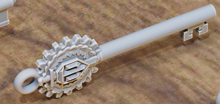 Key with triangular shell motif bow and narrow stem.