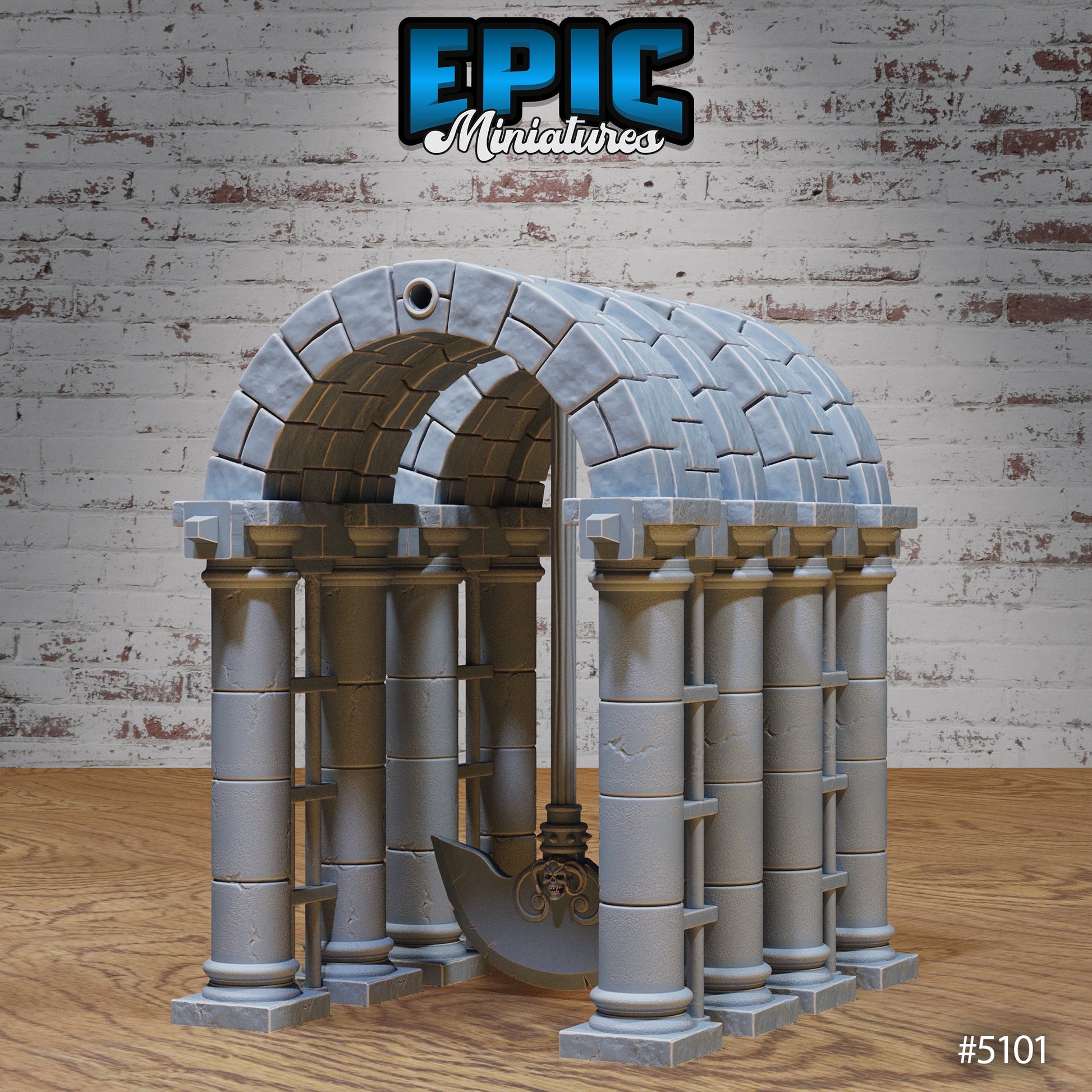 Pendulum trap dungeon terrain with stone arch, columns, and suspended swinging blade.