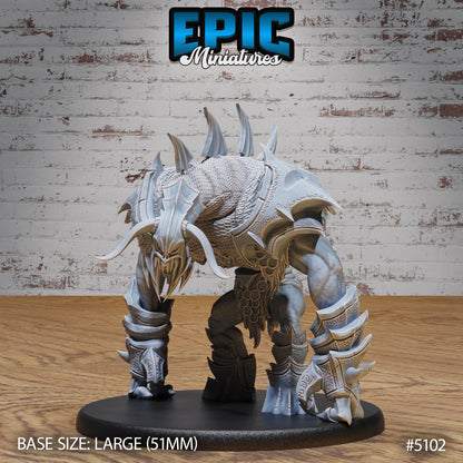 Bone Guard miniature standing in a looming stance with heavy armor and horns, designed for Dungeons & Dragons or Pathfinder encounters.