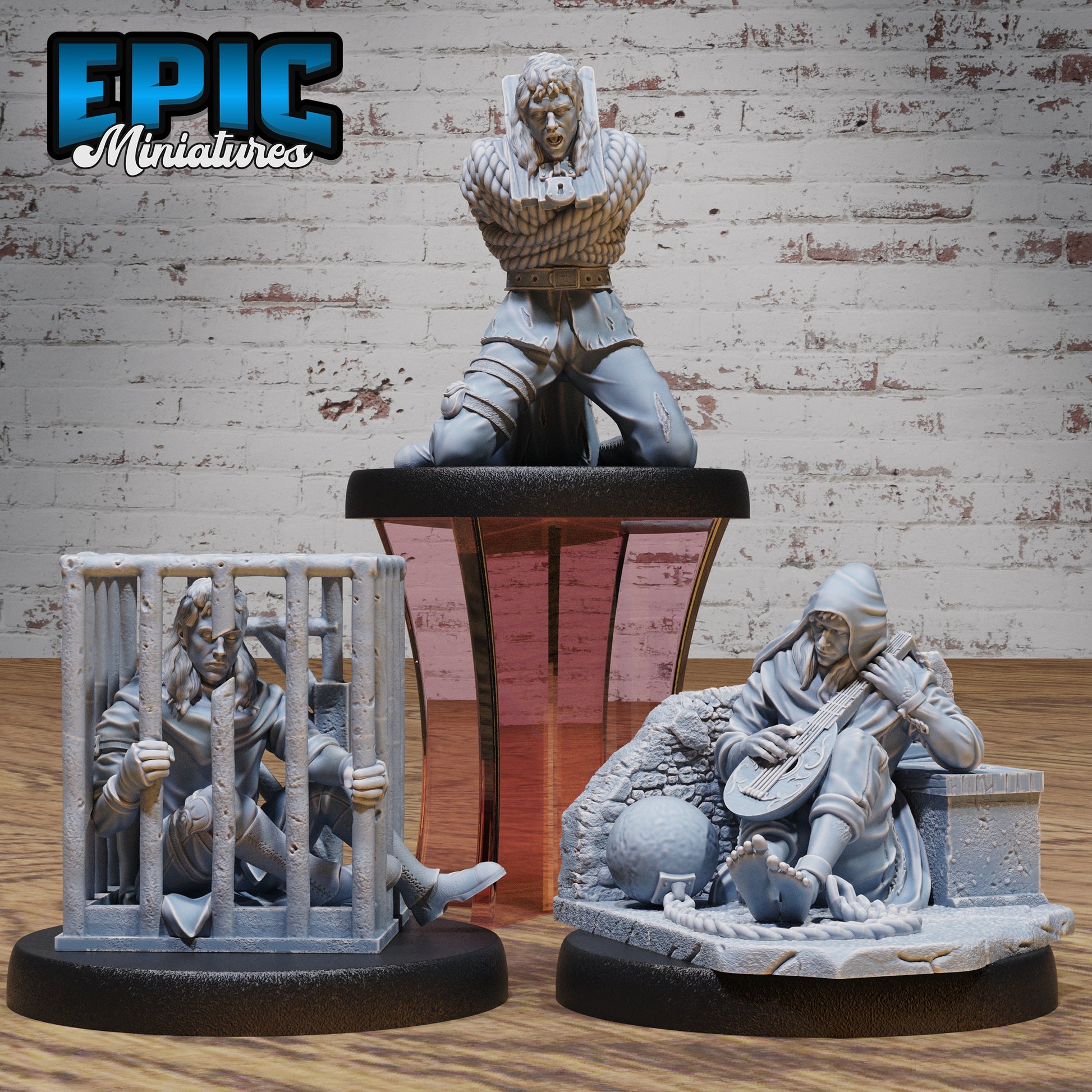 Group photo of Prisoner miniatures featuring the shackled lute player, captive in a cage, and bound kneeling figure, designed for TTRPGs like Dungeons & Dragons, Pathfinder, or Warhammer.
