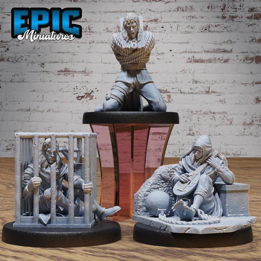 Group photo of Prisoner miniatures featuring the shackled lute player, captive in a cage, and bound kneeling figure, designed for TTRPGs like Dungeons & Dragons, Pathfinder, or Warhammer.