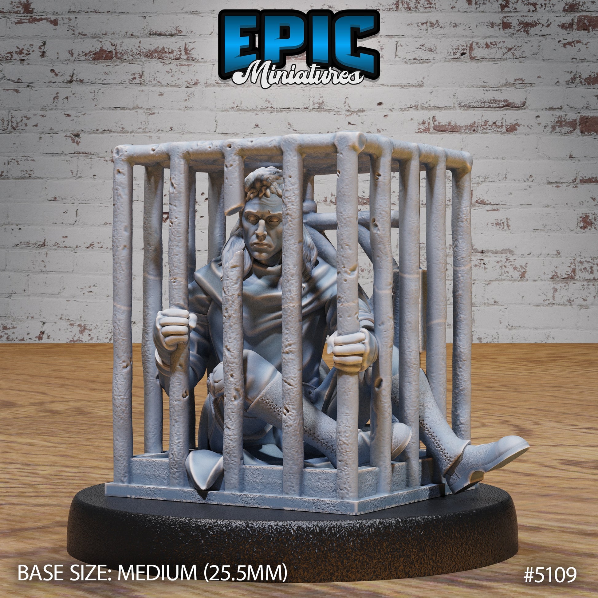 Prisoner cage miniature showing a captive seated inside iron bars with a defeated expression, ideal for Warhammer or DnD campaigns.