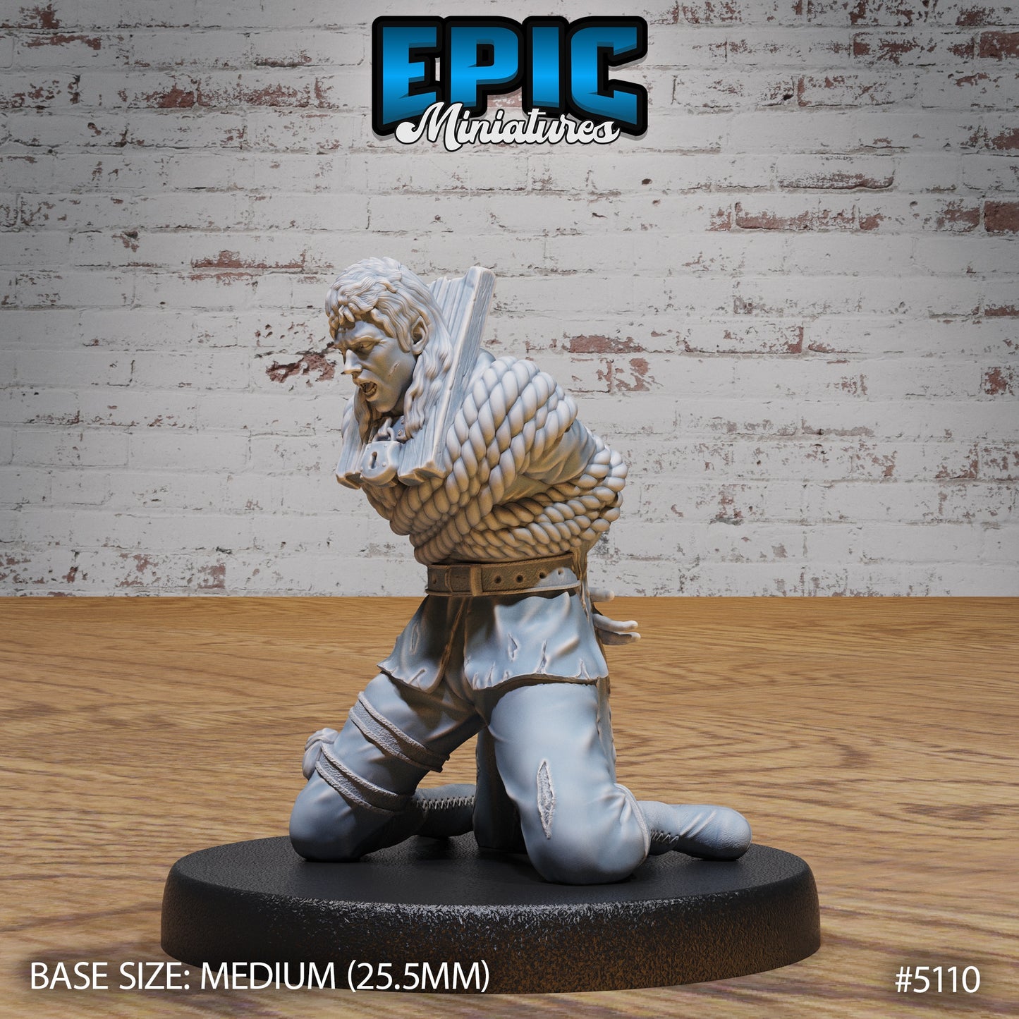 Prisoner bound miniature kneeling with ropes and a wooden yoke around their arms, struggling in captivity, suitable for Pathfinder or DnD games.