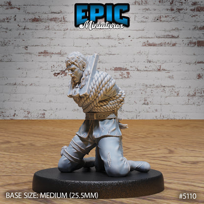Prisoner bound miniature kneeling with ropes and a wooden yoke around their arms, struggling in captivity, suitable for Pathfinder or DnD games.