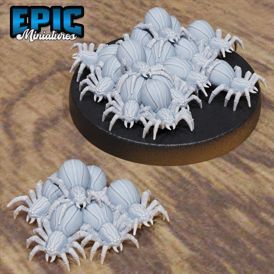Group photo of Spider Swarm miniatures in small and medium base sizes, depicting clustered arachnids ideal for TTRPGs like Dungeons & Dragons, Pathfinder, or Warhammer.