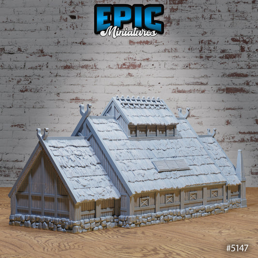 Angle view of Viking longhouse terrain showing timber structure, layered roof texture, and side windows.