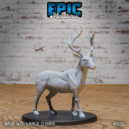 Large deer miniature standing alert with pronounced antlers and even more pronounced attitude, on 51mm base.