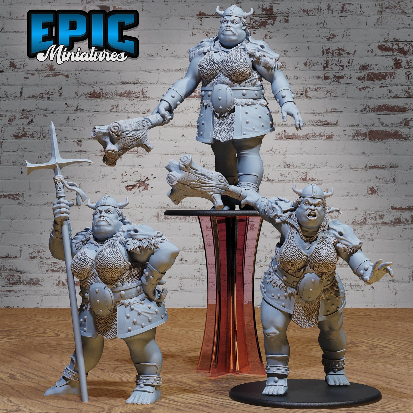 Trio of female Hill Giant miniatures in halberd, attack, and walking poses, huge base boss monsters for TTRPGs like DnD, Pathfinder, and 13th Age.