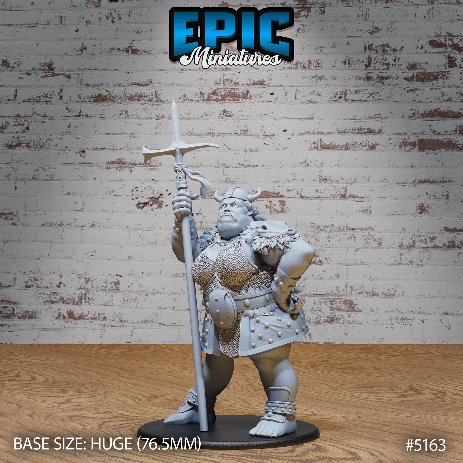 Hill Giantess miniature holding a halberd with hand on hip, armored female giant on huge base for DnD or Pathfinder TTRPG boss encounters.