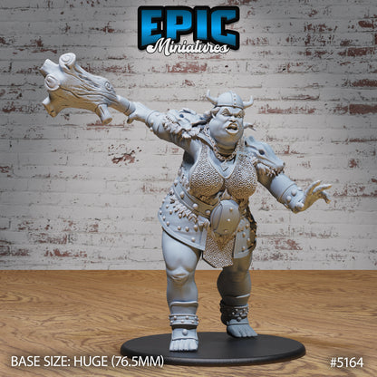 Female hill giant miniature mid-roar with raised club, TTRPG huge monster perfect for battle maps in Dungeons & Dragons or Pathfinder.