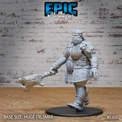 Hill Giantess walking with tree-club dragging casually, armored brute NPC for tabletop fantasy games on huge 76.5mm base.