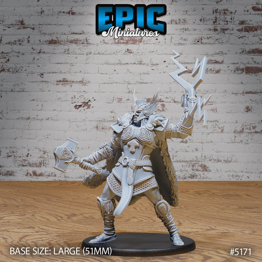 Thor Avatar miniature holding lightning bolt and warhammer, armored Norse god warrior for DnD, Pathfinder, and other fantasy TTRPGs, 51mm base.