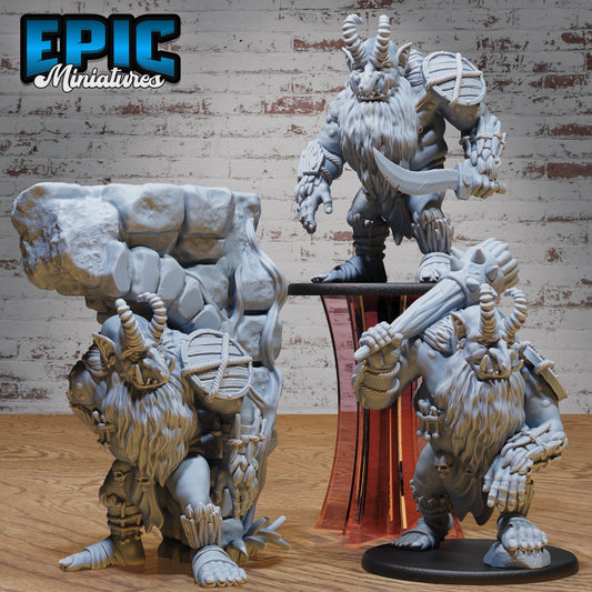 collage of three bridge troll miniatures wielding club, sword, and hiding under boulder, large fantasy monster minis for Dungeons & Dragons Pathfinder Shadowdark