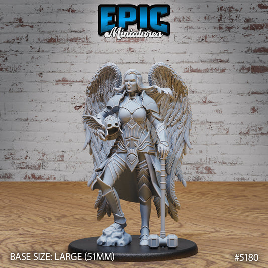 Valkyrie with hammer standing over stone base, wings unfurled, wearing plate armor – keywords: Valkyrie miniature, female angel warrior, DnD mini, TTRPG large base figure, fantasy resin miniature