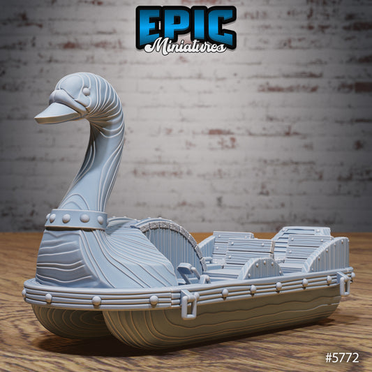Swan Boat miniature featuring a detailed swan head prow, carved wooden body, and bench seating for carnival attraction or fantasy terrain.
