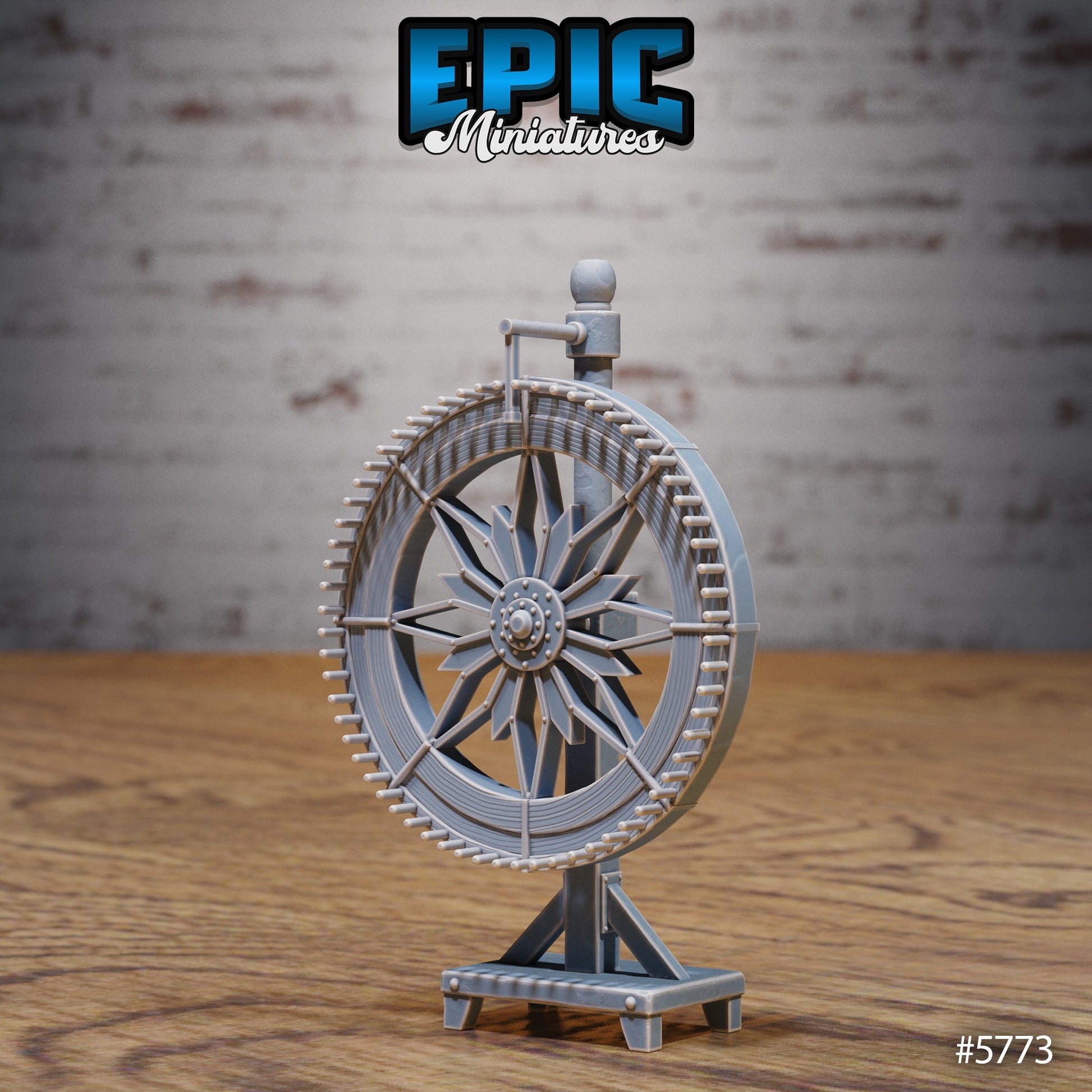 Wheel of Fortune miniature prop featuring a detailed spoked wheel on a wooden stand, perfect for carnival or fairground terrain.