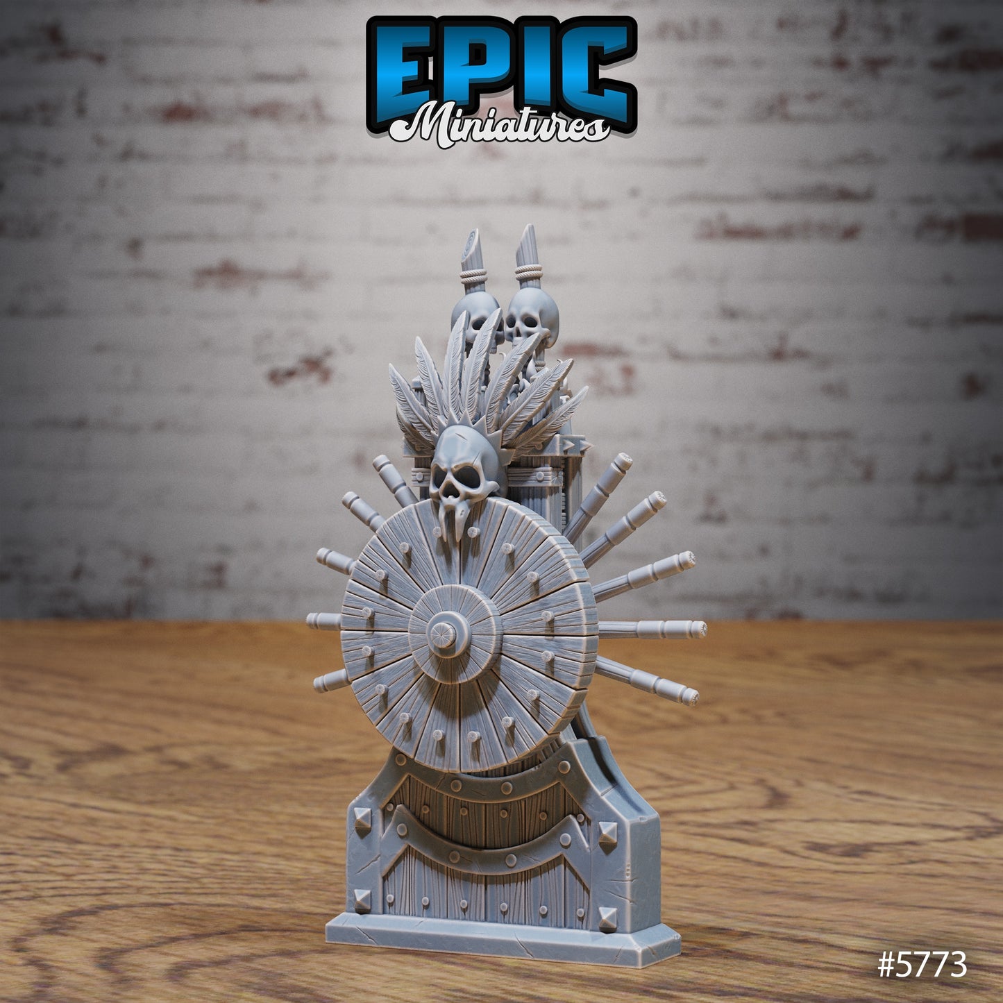 Dark Wheel of Fortune miniature scatter terrain showing a wooden wheel adorned with skulls, spikes, and bone-like decorations mounted on a gothic stand.