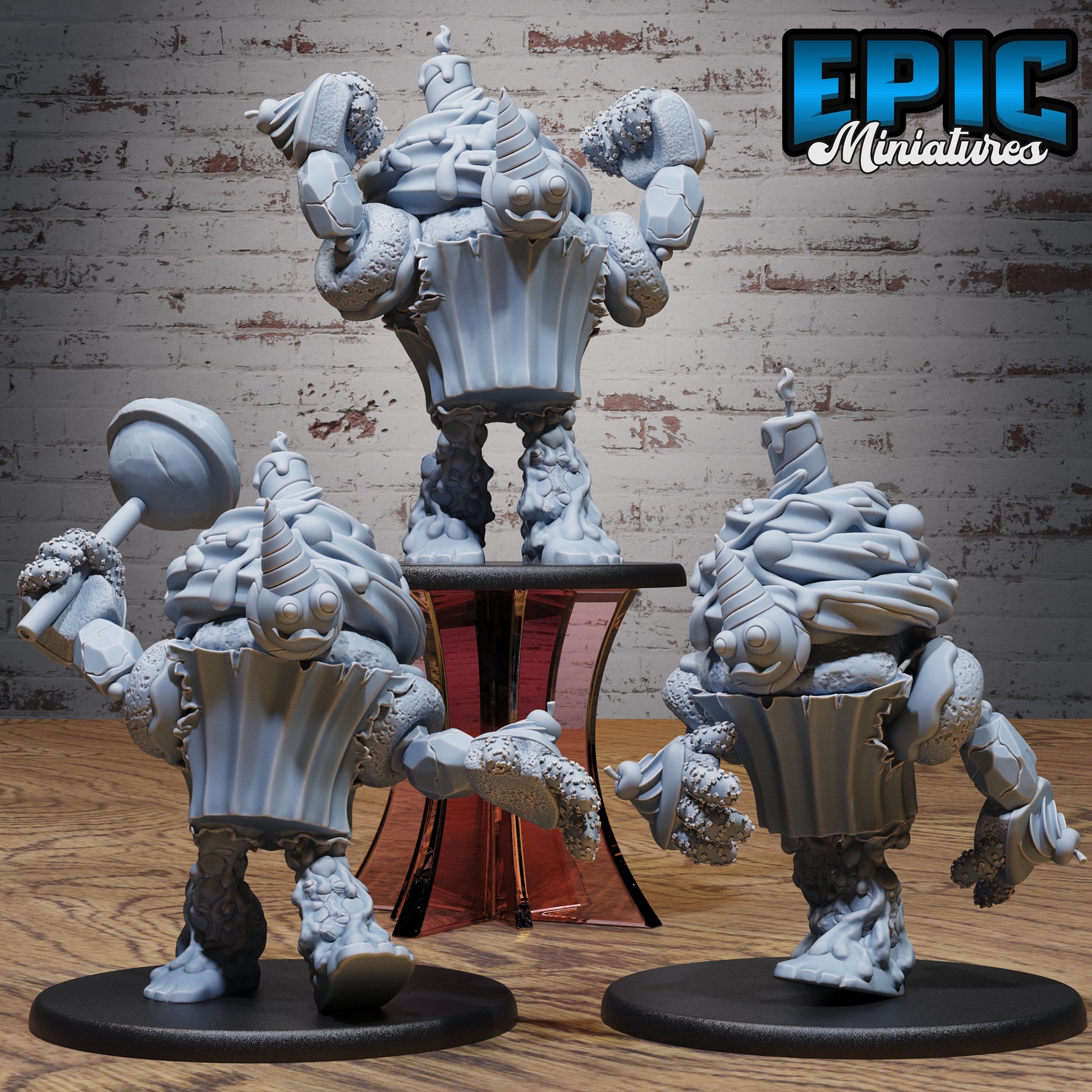 Group display of Mr. Sweets Candy Golem miniatures showing various poses, including lollipop weapon and battle-ready stances, each on a 51mm large base for tabletop RPG use.