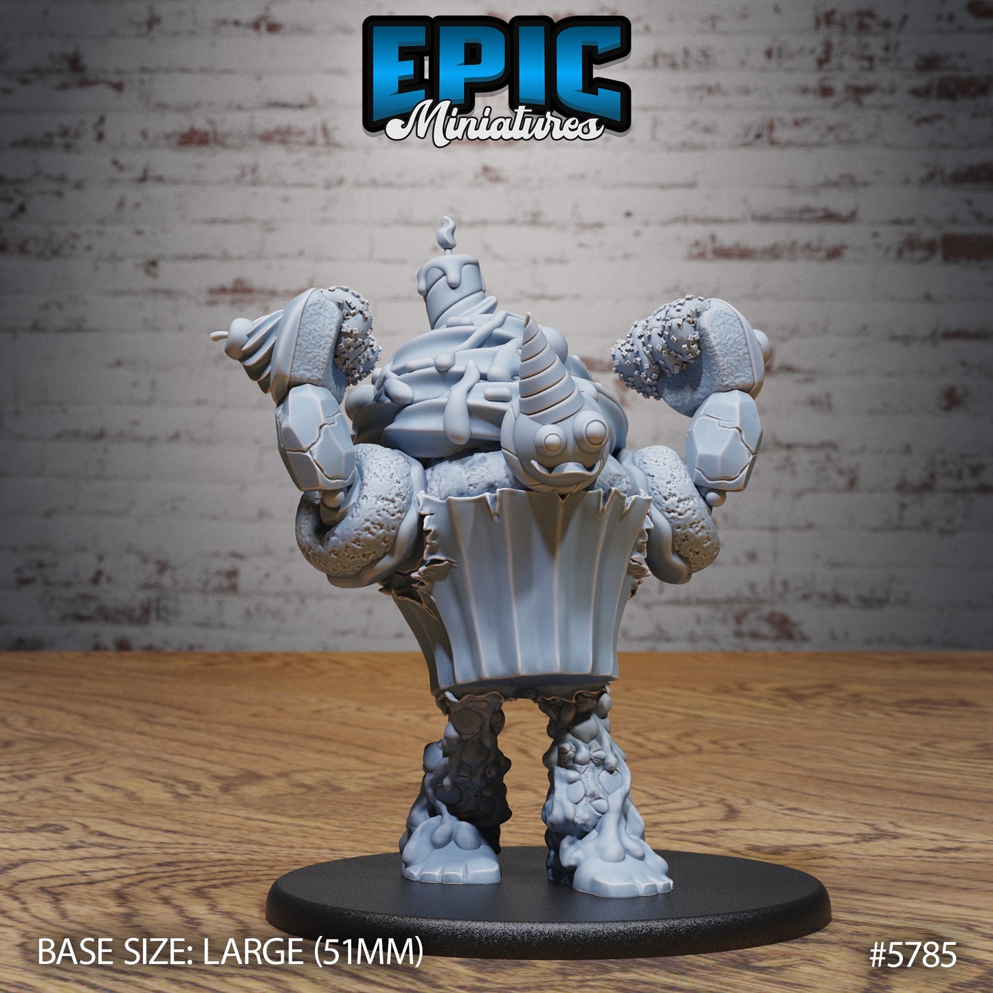 Mr. Sweets Candy Golem miniature raising its frosting-covered arms in an attack pose, designed with dripping icing details and candy-like textures for fantasy tabletop play.