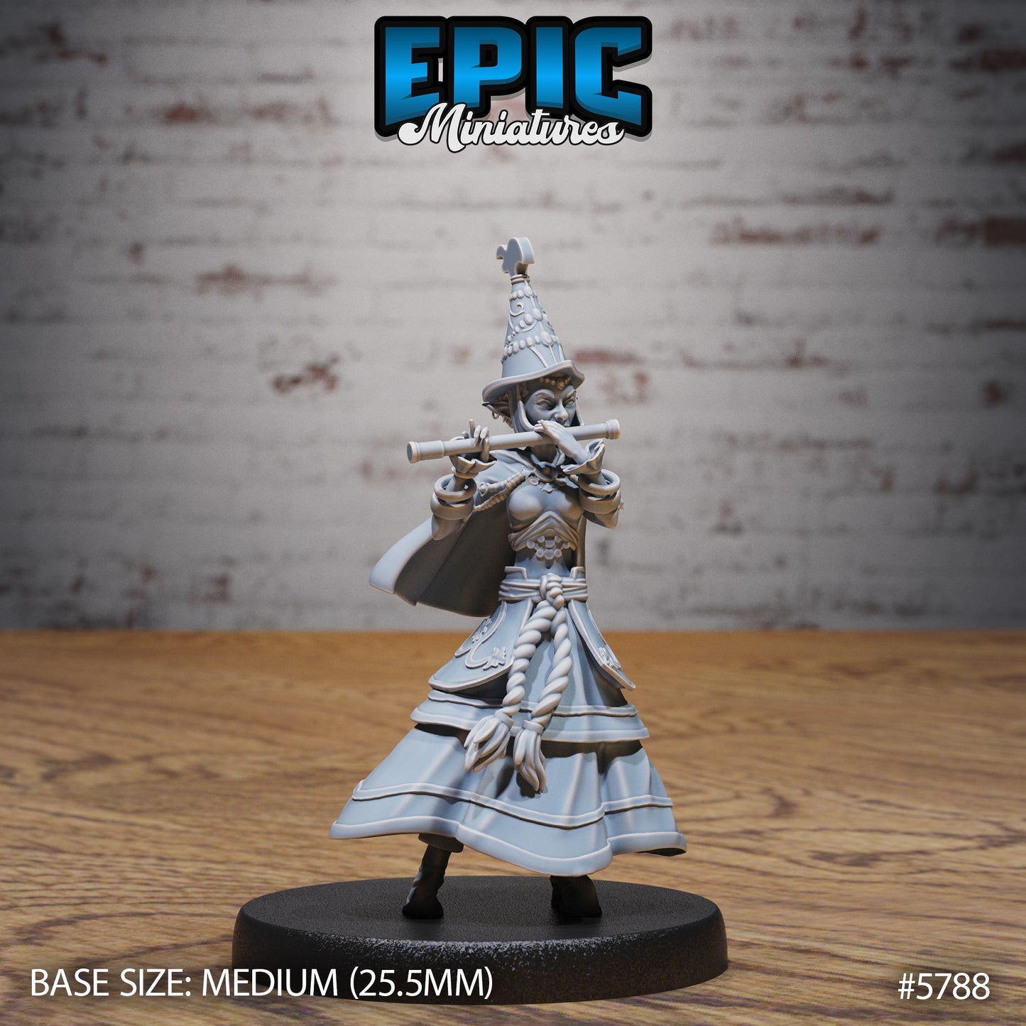 Half-Elf Bard miniature playing a flute, wearing a detailed gown with decorative rope belt and hat, posed elegantly with flowing cape for fantasy RPGs.