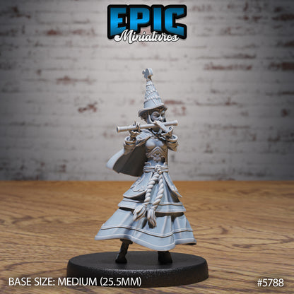 Half-Elf Bard miniature playing a flute, wearing a detailed gown with decorative rope belt and hat, posed elegantly with flowing cape for fantasy RPGs.
