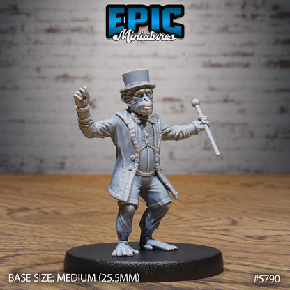 Monkey Director miniature on a 25.5mm base featuring a humanoid monkey ringleader in a top hat and coat, holding a baton while gesturing dramatically as if addressing a circus crowd.