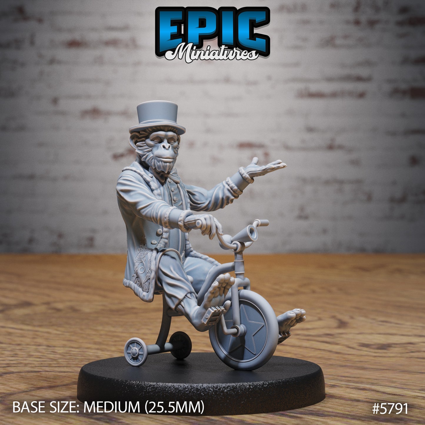 Monkey Director miniature riding a unicycle, wearing a detailed jacket and top hat, posed with one hand extended and the other on the handlebars, designed for fantasy tabletop use.