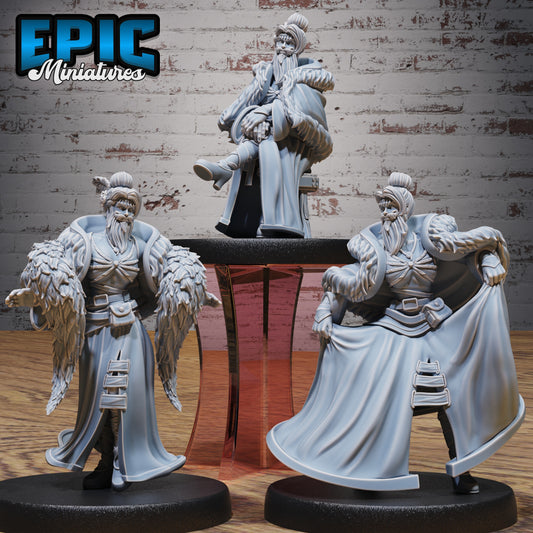 Bearded Lady  variant trio miniatures featuring standing, dancing, and sitting poses, each with fur-trimmed robes and intricate facial hair.