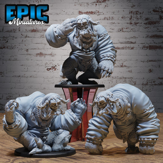 Giant Sloth Nomad group miniature collage featuring walking, kneeling, and meditating poses with bundled robes and heavy fur.