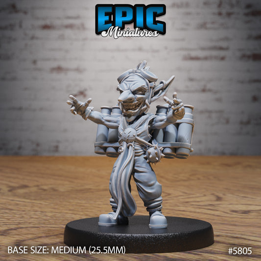 Goblin Tinkerer miniature with a wicked grin and strapped rocket pack, holding a small explosive and wearing patched inventor’s clothing on a 25.5mm base.