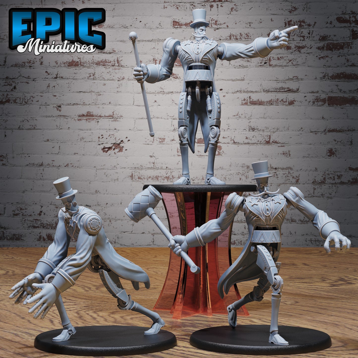 Big Circus Construct trio shown together in ringmaster attire, featuring pointing, attacking, and catching poses with intricate mechanical design.