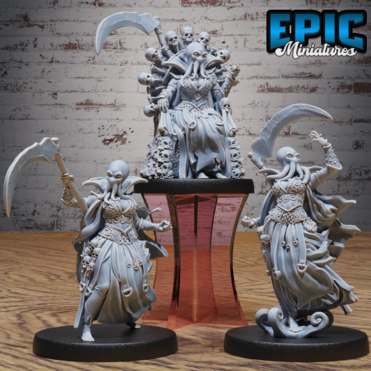 Set of three female mind flayer miniatures, featuring scythe-wielding poses and a throne variant, perfect for use as aberration enemies in TTRPG campaigns.