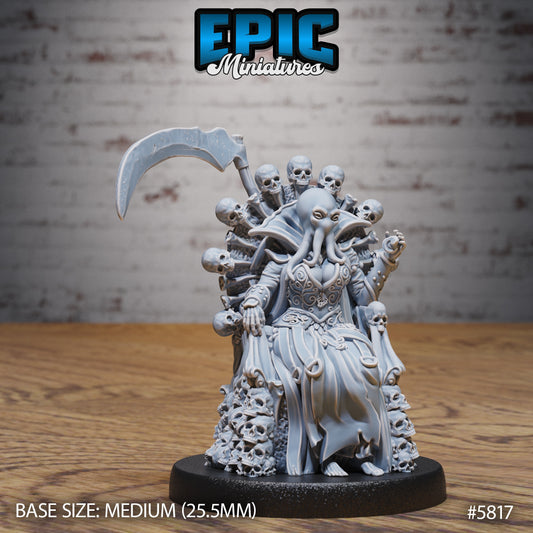 Female mind flayer seated on a throne made of skulls, scythe in hand, with tentacled face and ornate robes – DnD aberration boss miniature.